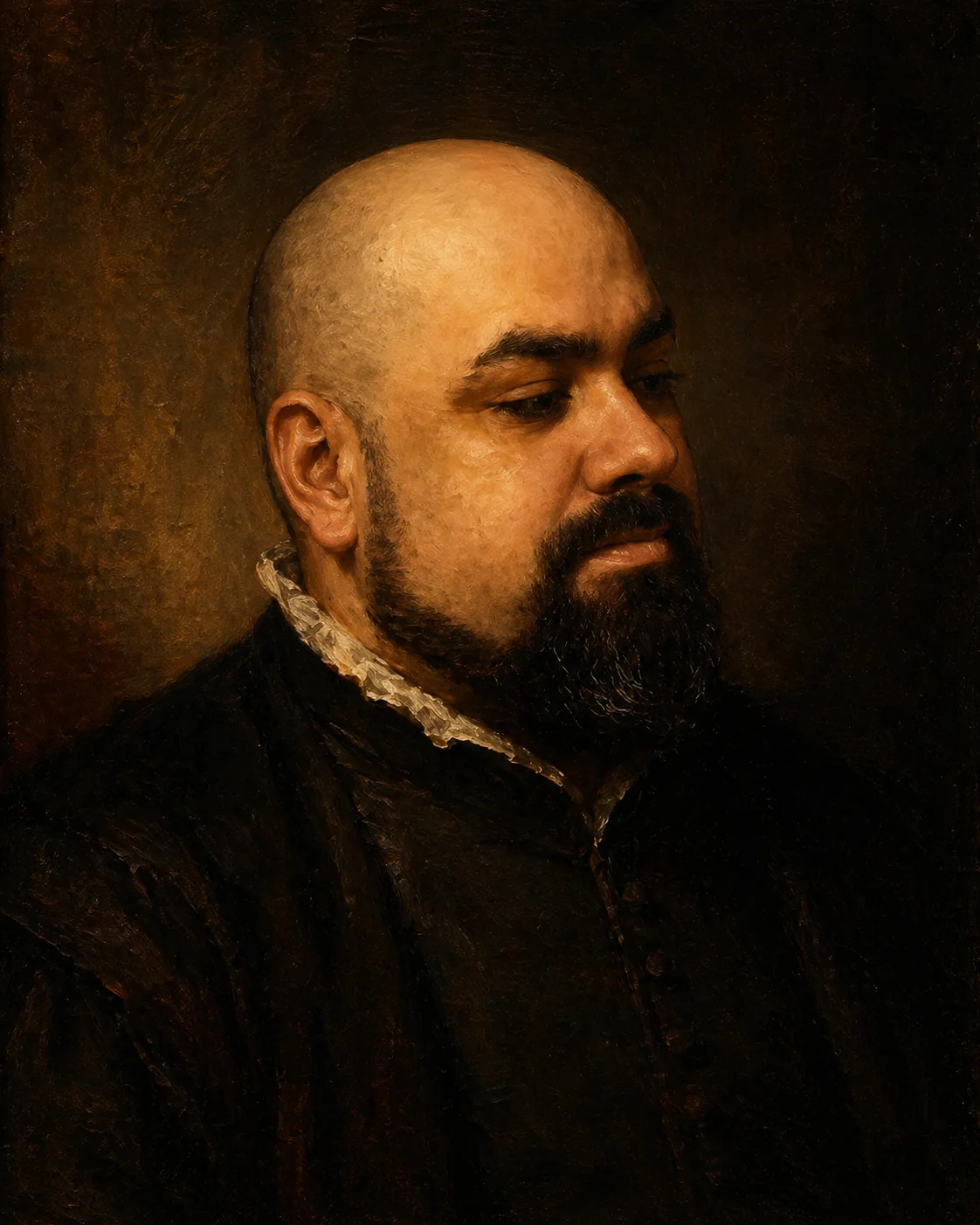 Retrato de Jon Tamayo Martínez con estética pictórica barroca